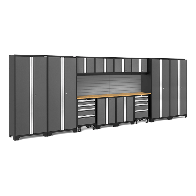 NewAge Products Bold Grey 14-Piece Garage Cabinet System with Bamboo Worktops and Steel Slatwall Backsplash