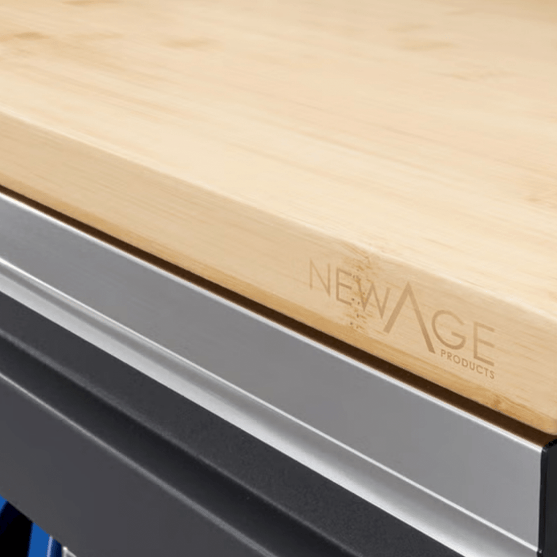 NewAge Products Bold Grey 14-Piece Garage Cabinet System with Bamboo Worktops and Steel Slatwall Backsplash