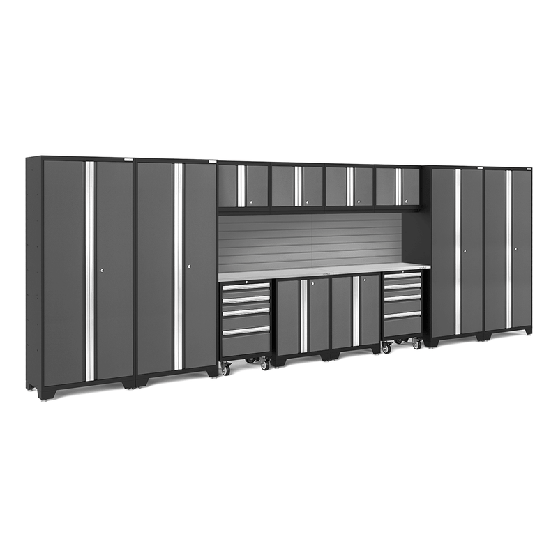 NewAge Products Bold Grey 14-Piece Garage Cabinet System with Stainless Steel Worktops and Steel Slatwall Backsplash