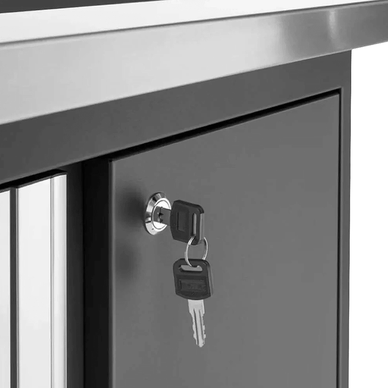 NewAge Products Bold Grey 14-Piece Garage Cabinet System with Stainless Steel Worktops and Steel Slatwall Backsplash