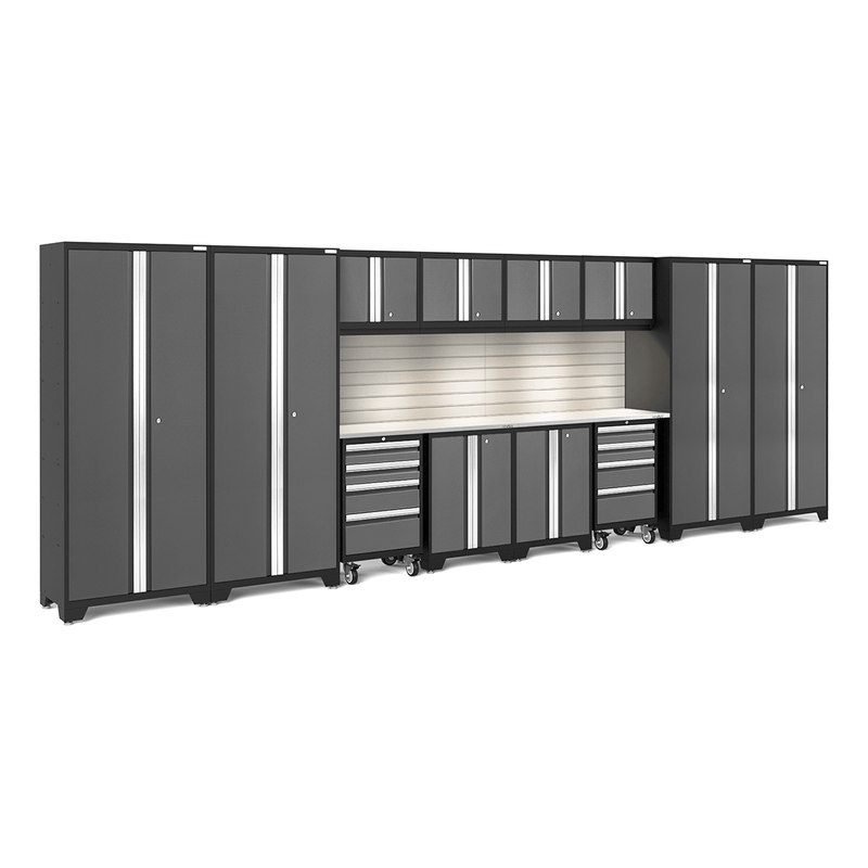 NewAge Products Bold Grey 14-Piece Garage Cabinet System with Stainless Steel Worktops, LED Lights and Steel Slatwall Backsplash