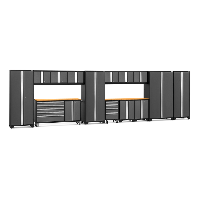 NewAge Products Bold Grey 16-Piece Garage Cabinet System with Bamboo Worktops and LED Lights