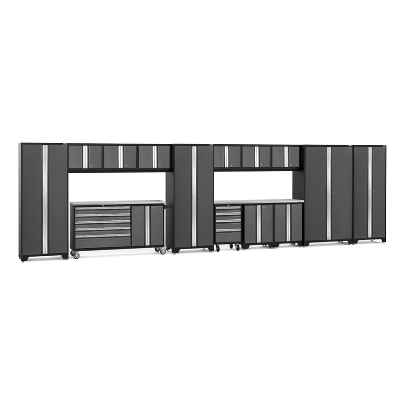 NewAge Products Bold Grey 16-Piece Garage Cabinet System with Stainless Steel Worktops and LED Lights