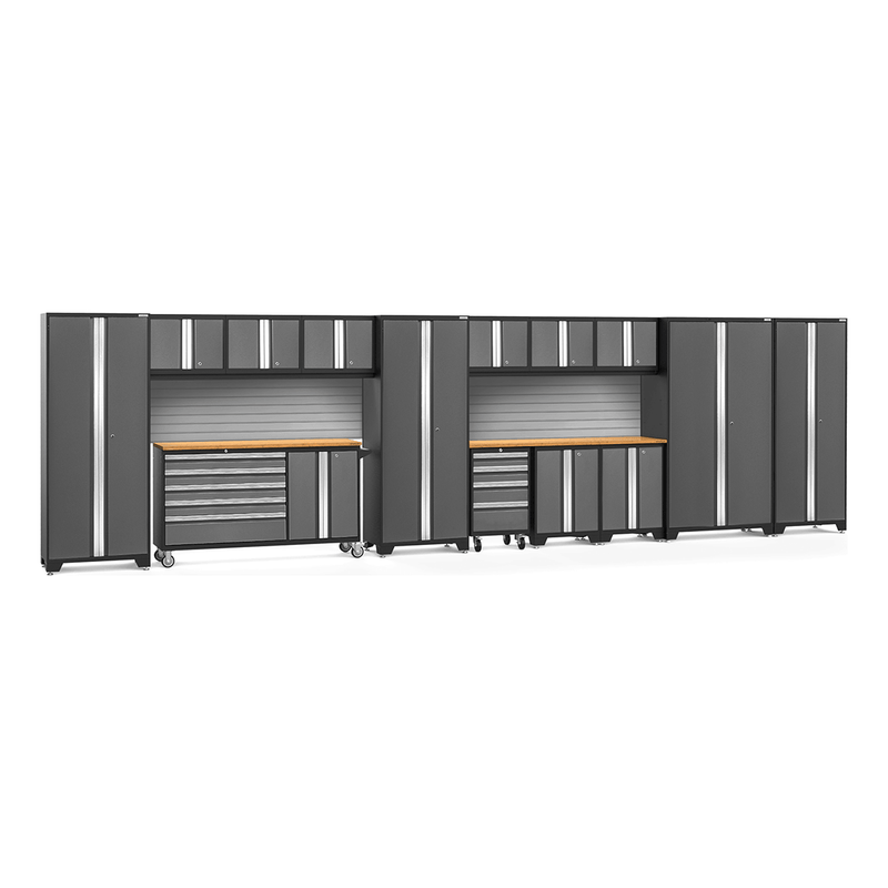 NewAge Products Bold Grey 16-Piece Garage Cabinet System with Bamboo Worktops and Steel Slatwall Backsplash