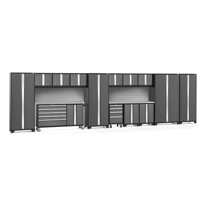 NewAge Products Bold Grey 16-Piece Garage Cabinet System with Stainless Steel Worktops and Steel Slatwall Backsplash