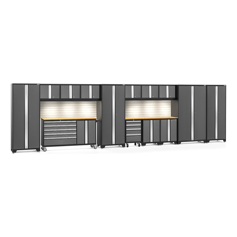 NewAge Products Bold Grey 16-Piece Garage Cabinet System with Bamboo Worktops, LED Lights and Steel Slatwall Backsplash