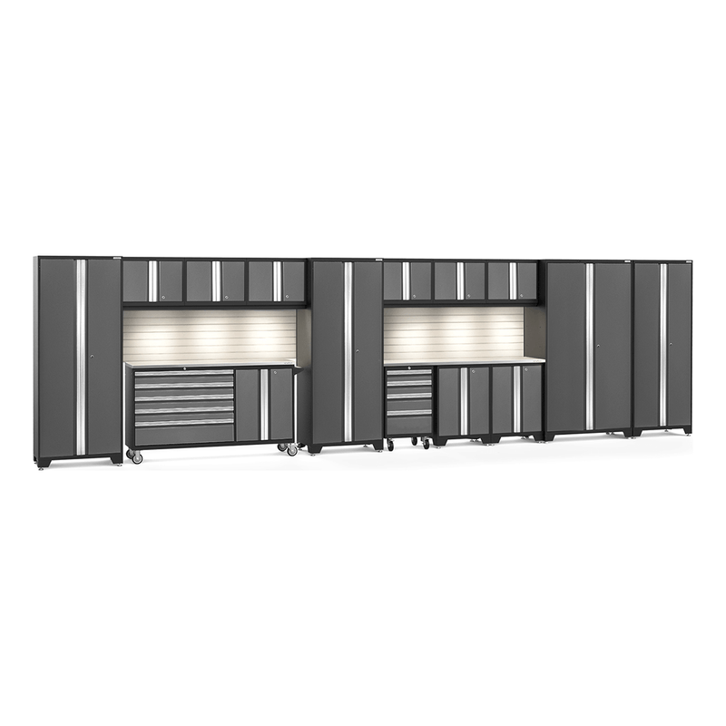 NewAge Products Bold Grey 16-Piece Garage Cabinet System with Stainless Steel Worktops, LED Lights and Steel Slatwall Backsplash