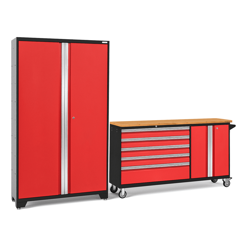 NewAge Products Bold Red 3-Piece Garage Cabinet System with Bamboo Worktop