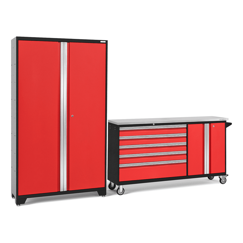 NewAge Products Bold Red 3-Piece Garage Cabinet System with Stainless Steel Worktop