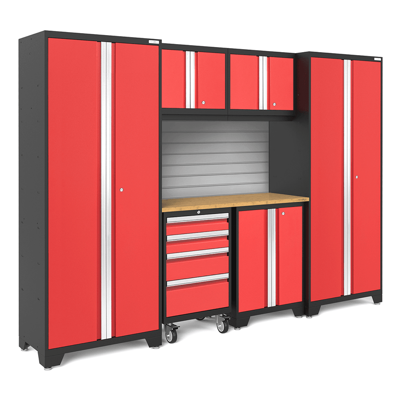 NewAge Products Bold Red 7-Piece Garage Storage Cabinet System with Bamboo Worktop and Steel Slatwall Backsplash