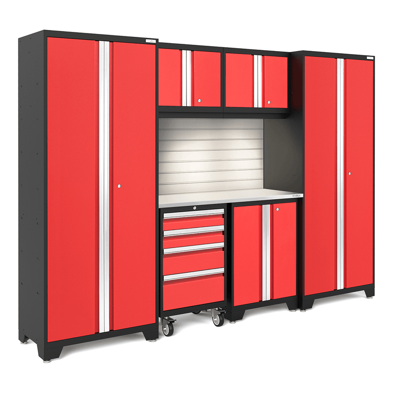 NewAge Products Bold Red 7-Piece Garage Storage Cabinet Set with Stainless Steel Worktop, LED Lights and Steel Slatwall Backsplash