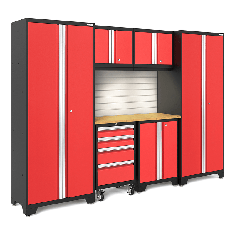 NewAge Products Bold Red 7-Piece Garage Storage Cabinet Set with Bamboo Worktop, LED Lights and Steel Slatwall Backsplash