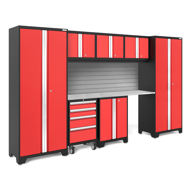 NewAge Products Bold Red 8-Piece Garage Cabinet Set with Stainless Steel Worktop and Steel Slatwall Backsplash