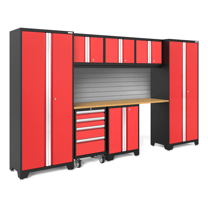 NewAge Products Bold Red 8-Piece Garage Cabinet Set with Bamboo Worktop and Steel Slatwall Backsplash