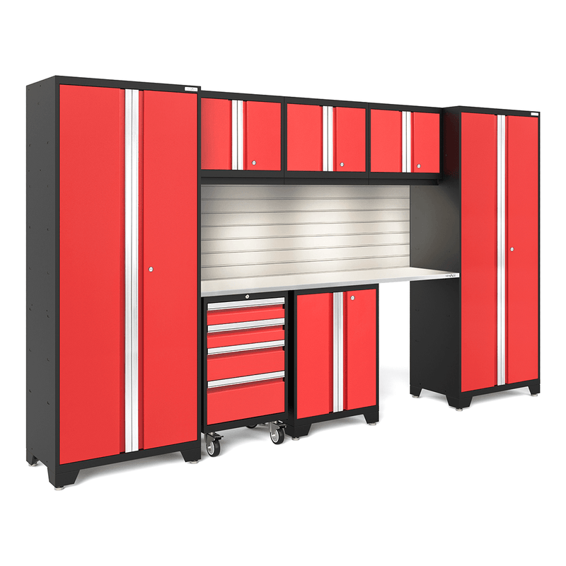 NewAge Products Bold Red 8-Piece Garage Cabinet Set with Stainless Steel Worktop, LED Lights and Steel Slatwall Backsplash