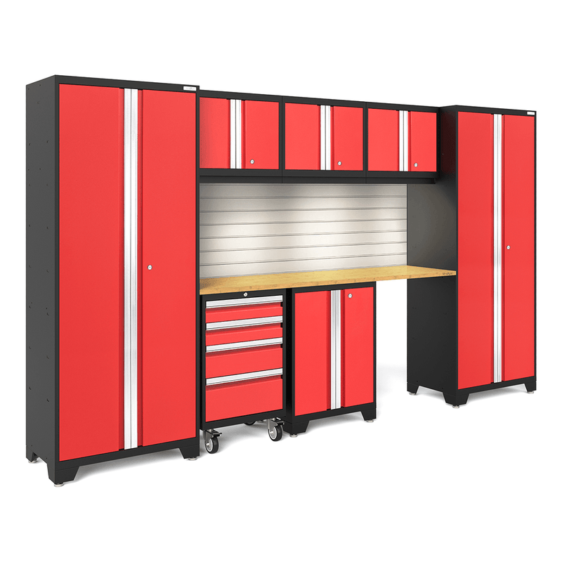 NewAge Products Bold Red 8-Piece Garage Cabinet Set with Bamboo Worktop, LED Lights and Steel Slatwall Backsplash