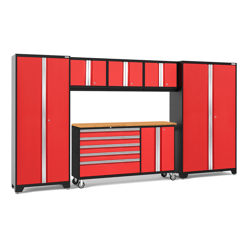 NewAge Products Bold Red 7-Piece Garage Cabinet Set with Bamboo Worktop