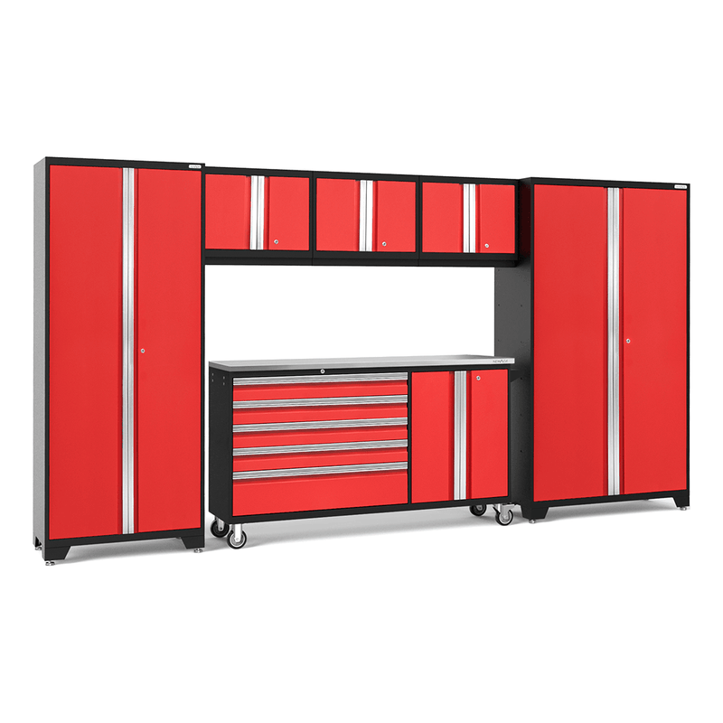 NewAge Products Bold Red 7-Piece Garage Cabinet Set with Stainless Steel Worktop