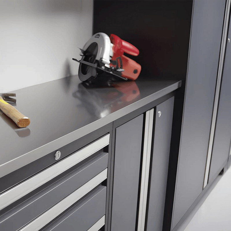 NewAge Products Bold Red 7-Piece Garage Cabinet Set with Stainless Steel Worktop
