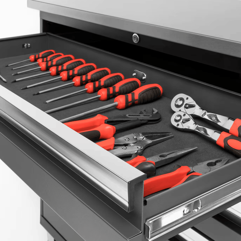 NewAge Products Bold Red 7-Piece Garage Cabinet Set with Stainless Steel Worktop