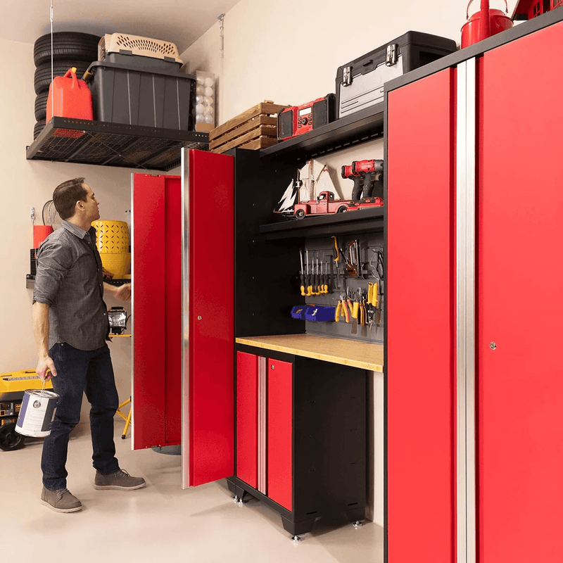 NewAge Products Bold Red 7-Piece Garage Cabinet Set with Stainless Steel Worktop