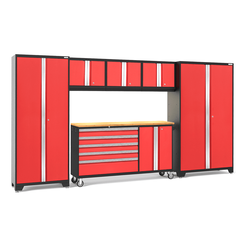 NewAge Products Bold Red 7-Piece Garage Cabinet System with Bamboo Worktop and LED Lights