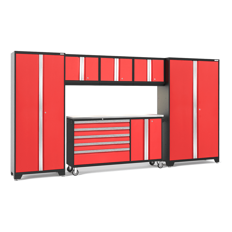NewAge Products Bold Red 7-Piece Garage Cabinet System with Stainless Steel Worktop and LED Lights