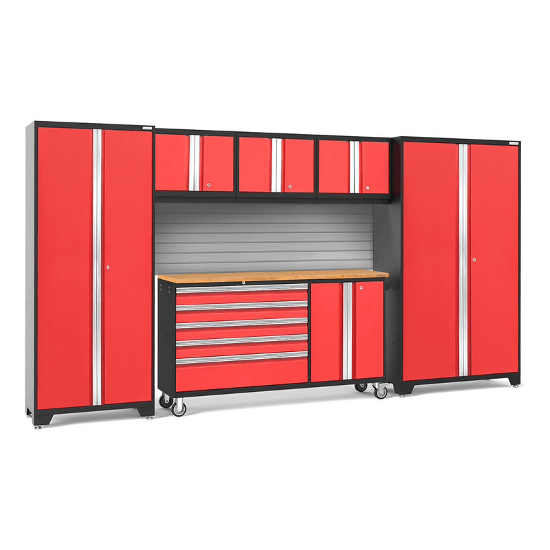 NewAge Products Bold Red 7-Piece Garage Storage Cabinet Set with Bamboo Worktop and Steel Slatwall Backsplash