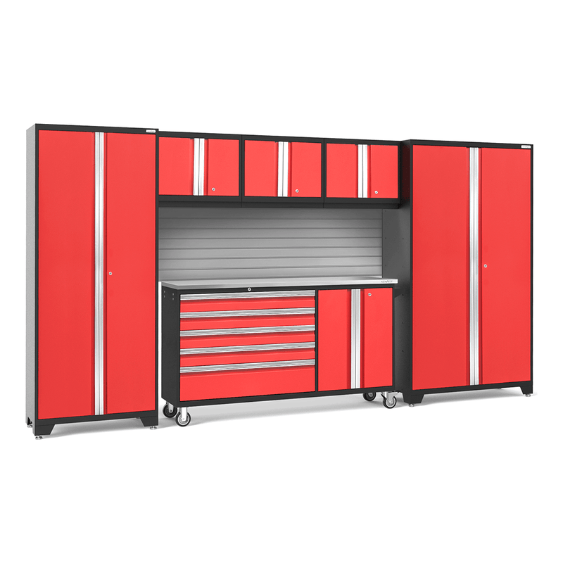 NewAge Products Bold Red 7-Piece Garage Storage Cabinet Set with Stainless Steel Worktop and Steel Slatwall Backsplash