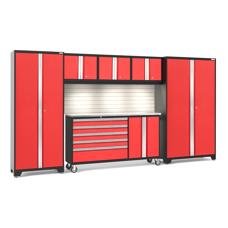 NewAge Products Bold Red 7-Piece Garage Cabinet System with Stainless Steel Worktop, LED Lights and Steel Slatwall Backsplash