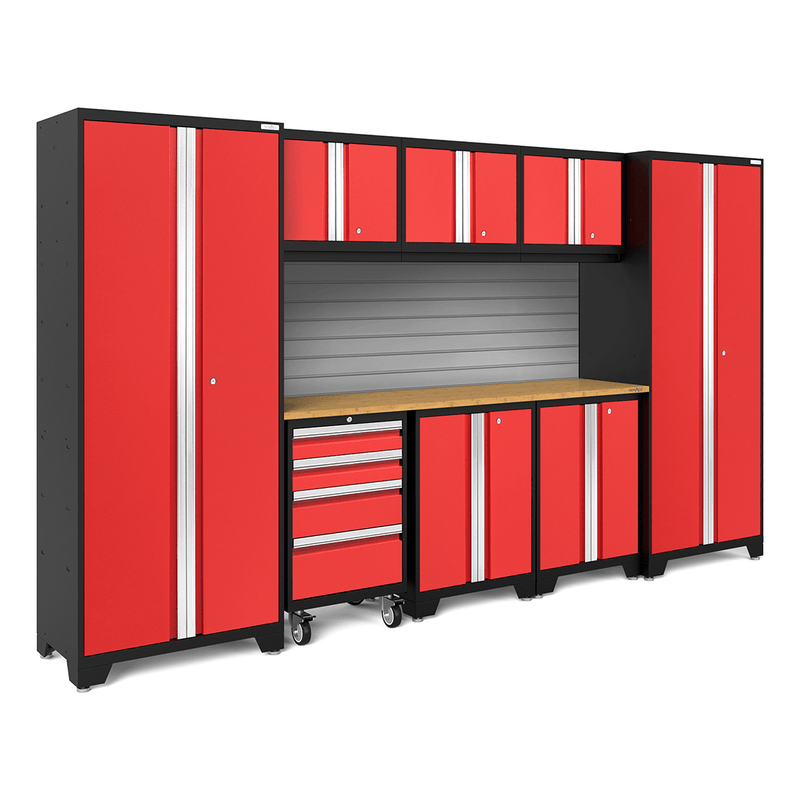 NewAge Products Bold Red 9-Piece Garage Cabinet Set with Bamboo Worktop and Steel Slatwall Backsplash