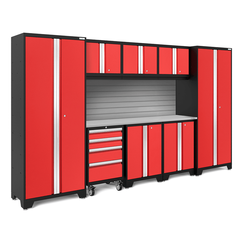NewAge Products Bold Red 9-Piece Garage Cabinet Set with Stainless Steel Worktop and Steel Slatwall Backsplash