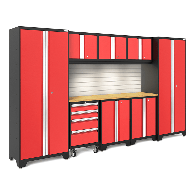 NewAge Products Bold Red 9-Piece Garage Cabinet Set with Bamboo Worktop, LED Lights and Steel Slatwall Backsplash