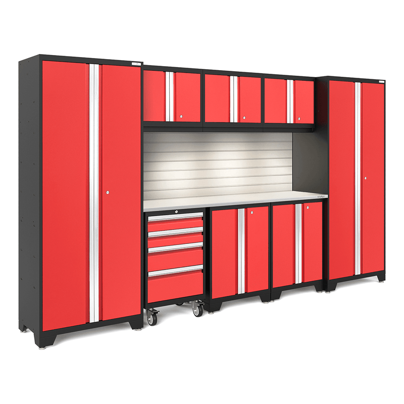 NewAge Products Bold Red 9-Piece Garage Cabinet Set with Stainless Steel Worktop, LED Lights and Steel Slatwall Backsplash