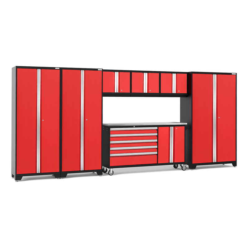 NewAge Products Bold Red 8-Piece Garage Cabinet Set with Stainless Steel Worktop
