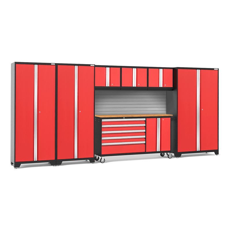 NewAge Products Bold Red 8-Piece Garage Cabinet System with Bamboo Worktop and Steel Slatwall Backsplash