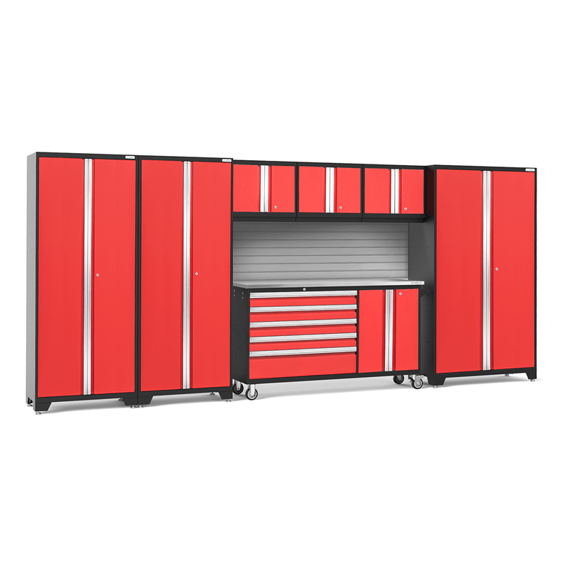 NewAge Products Bold Red 8-Piece Garage Cabinet System with Stainless Steel Worktop and Steel Slatwall Backsplash