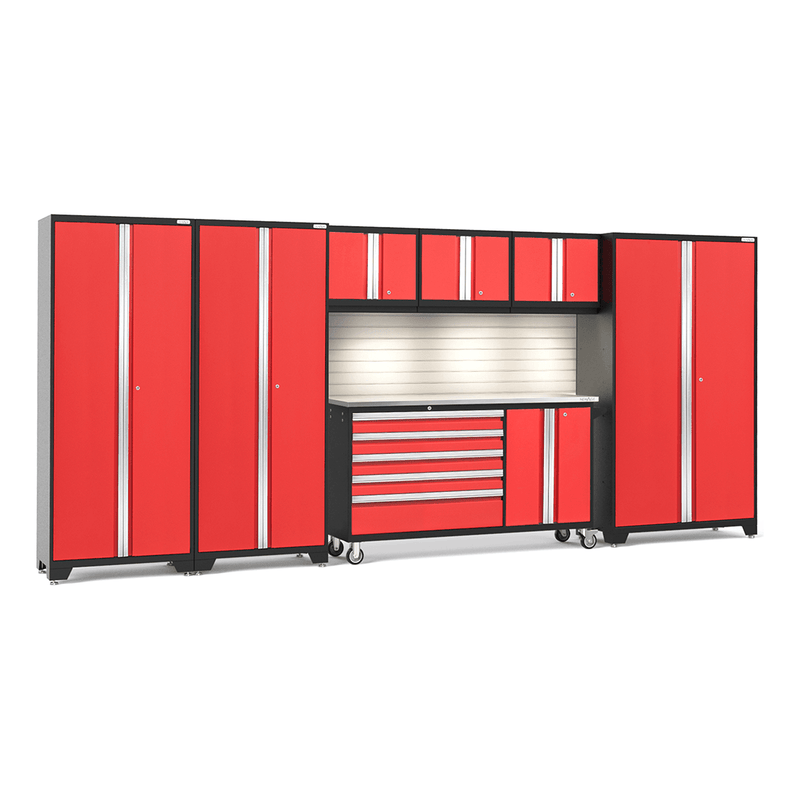 NewAge Products Bold Red 8-Piece Garage Cabinet System with Stainless Steel Worktop, LED Lights and Steel Slatwall Backsplash