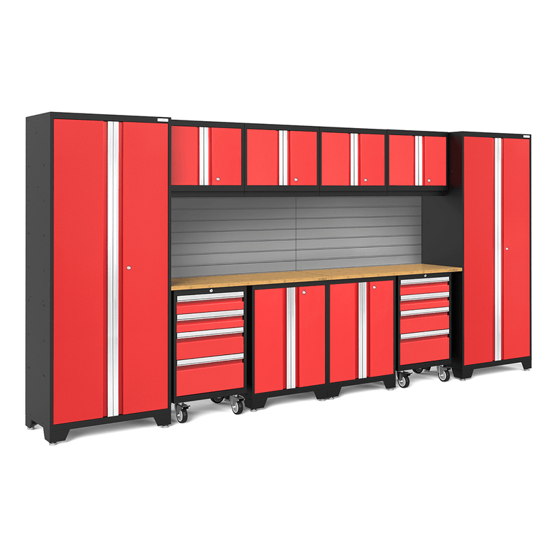 NewAge Products Bold Red 12-Piece Garage Cabinet Set with Bamboo Worktops and LED Lights