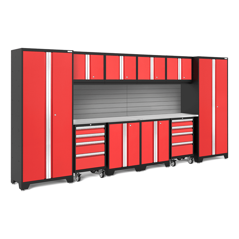 NewAge Products Bold Red 12-Piece Garage Cabinet Set with Stainless Steel Worktops and LED Lights