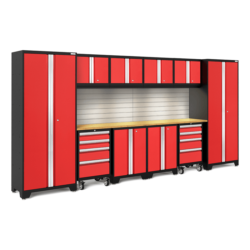 NewAge Products Bold Red 12-Piece Garage Cabinet Set with Bamboo Worktops, LED Lights and Steel Slatwall Backsplash