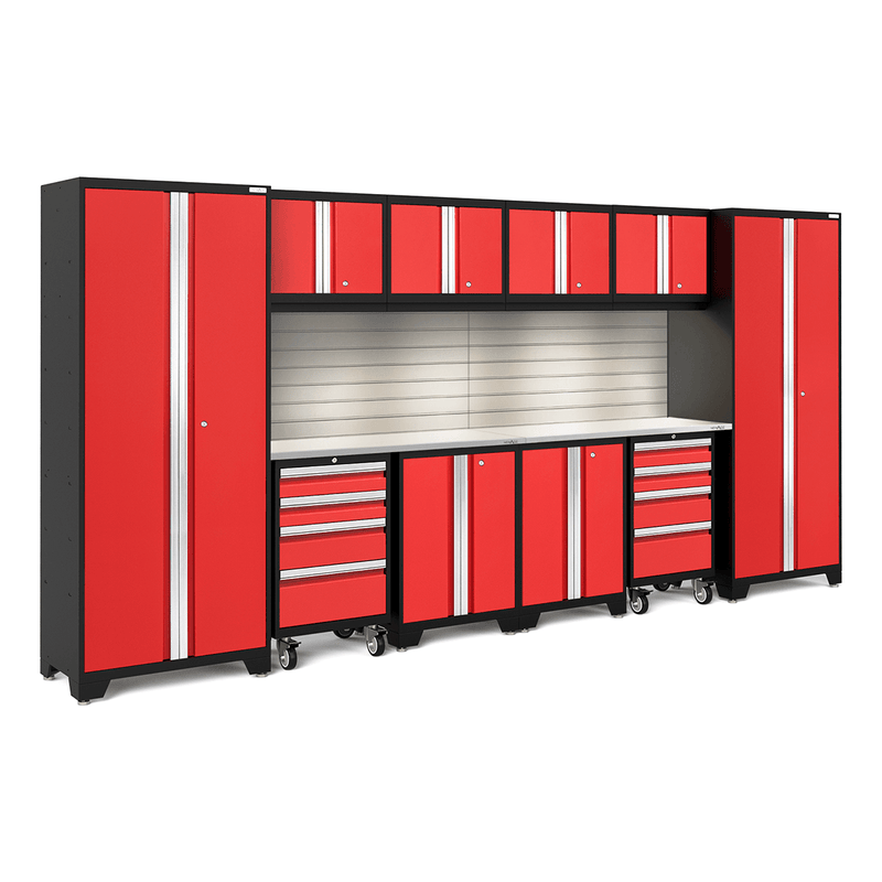 NewAge Products Bold Red 12-Piece Garage Cabinet Set with Stainless Steel Worktops, LED Lights and Steel Slatwall Backsplash