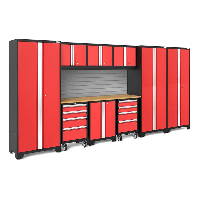 NewAge Products Bold Red 10-Piece Garage Cabinet Set with Bamboo Worktop and Steel Slatwall Backsplash