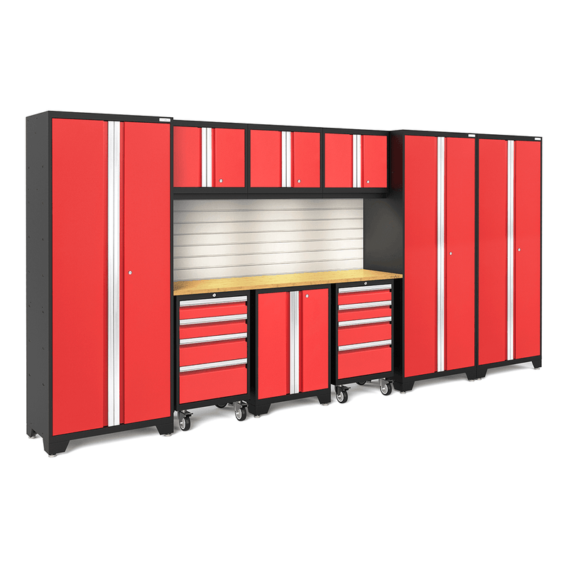 NewAge Products Bold Red 10-Piece Garage Cabinet Set with Bamboo Worktop, LED Lights and Steel Slatwall Backsplash