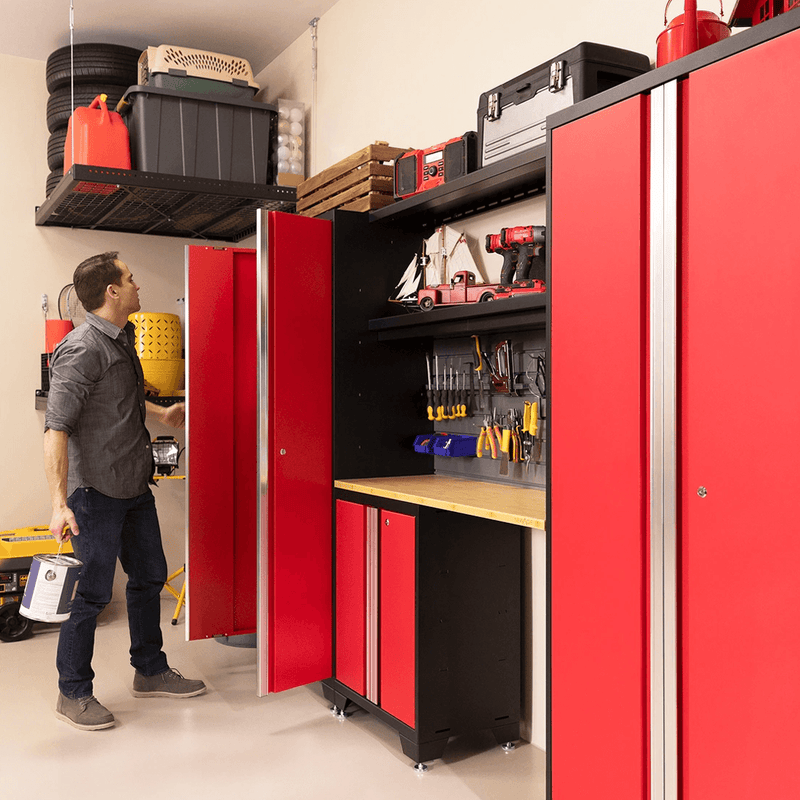 NewAge Products Bold Red 10-Piece Garage Cabinet Set with Bamboo Worktop, LED Lights and Steel Slatwall Backsplash