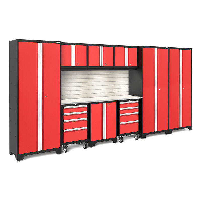 NewAge Products Bold Red 10-Piece Garage Cabinet Set with Stainless Steel Worktop, LED Lights and Steel Slatwall Backsplash