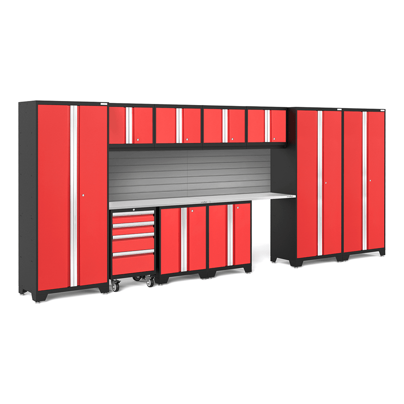 NewAge Products Bold Red 12-Piece Garage Cabinet System with Stainless Steel Worktops and Steel Slatwall Backsplash