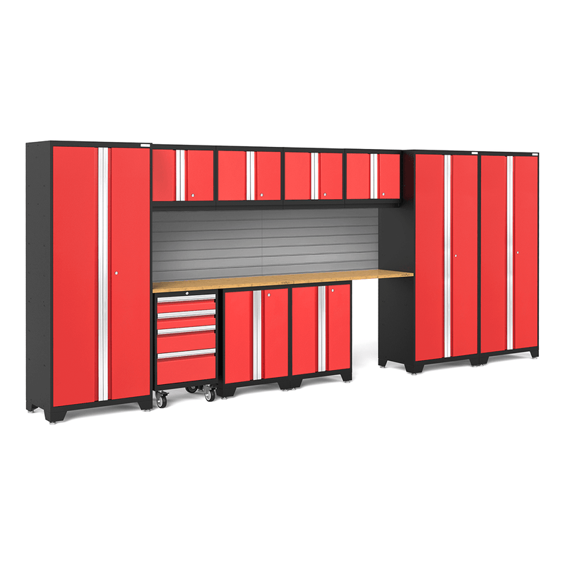 NewAge Products Bold Red 12-Piece Garage Cabinet System with Bamboo Worktops and Steel Slatwall Backsplash