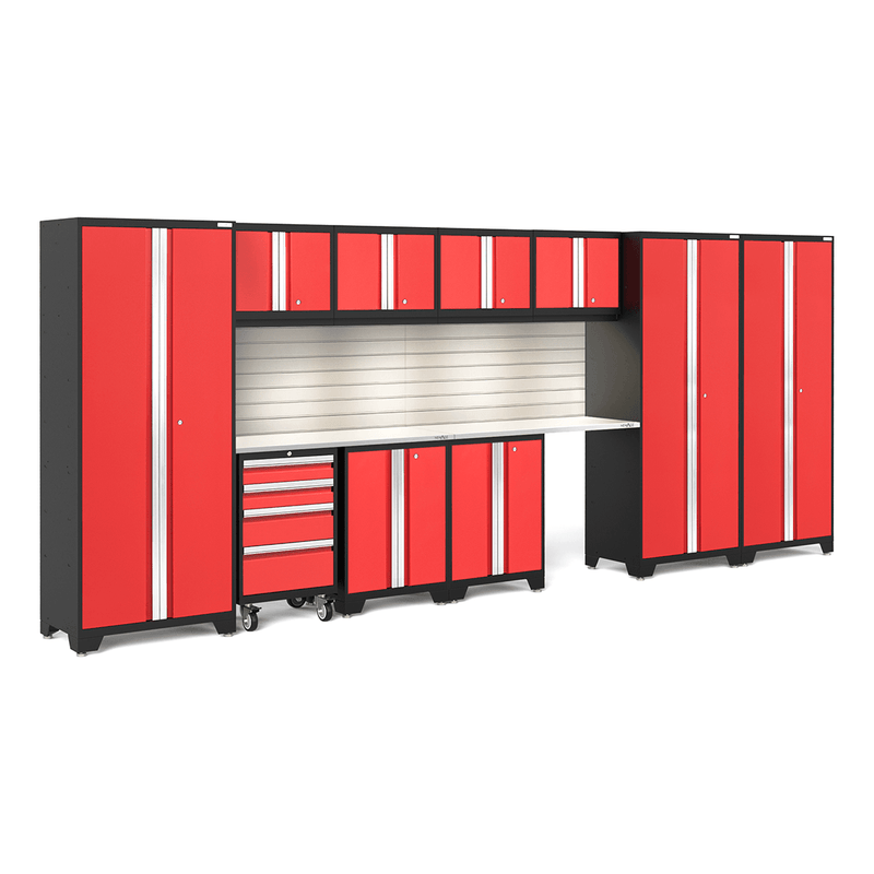 NewAge Products Bold Red 12-Piece Garage Cabinet System with Stainless Steel Worktops, LED Lights and Steel Slatwall Backsplash