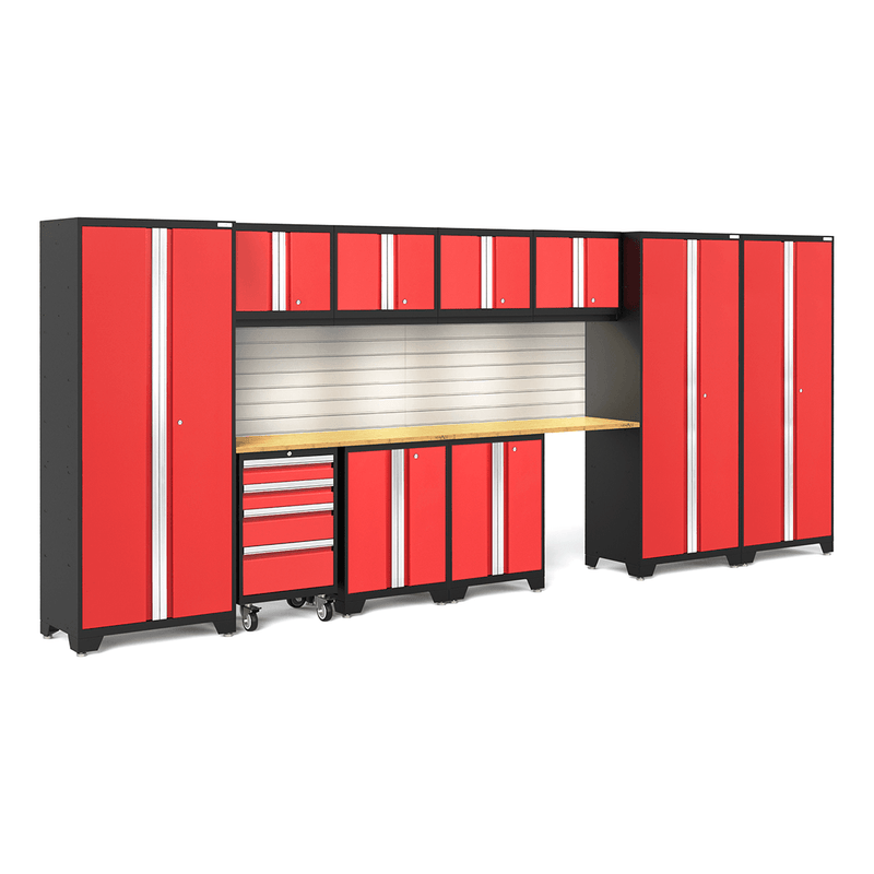 NewAge Products Bold Red 12-Piece Garage Cabinet System with Bamboo Worktops, LED Lights and Steel Slatwall Backsplash
